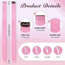 3pcs Pink Clip-In Hair Extensions, For Women's Party, Gathering, Coloured Daily Life, Can Be Straightened And Curled Boho Halloween - Pink - View 2