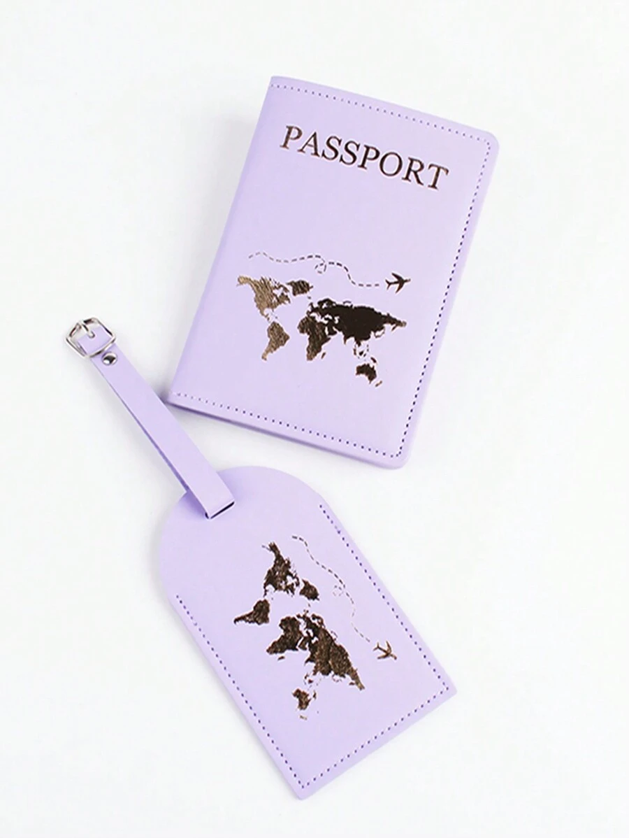 2pcs/Set Pu Leather World Map Pattern Passport Holder & Luggage Tag Travel Set Vacation Accessoriesfor Holiday Season Travel Accessory Set Travel Essentials For Travel Backpack Travel Bag Luggage Suitcase Travel Gear Back To School Bag For School School Accessories School Stuff - Purple - View 1