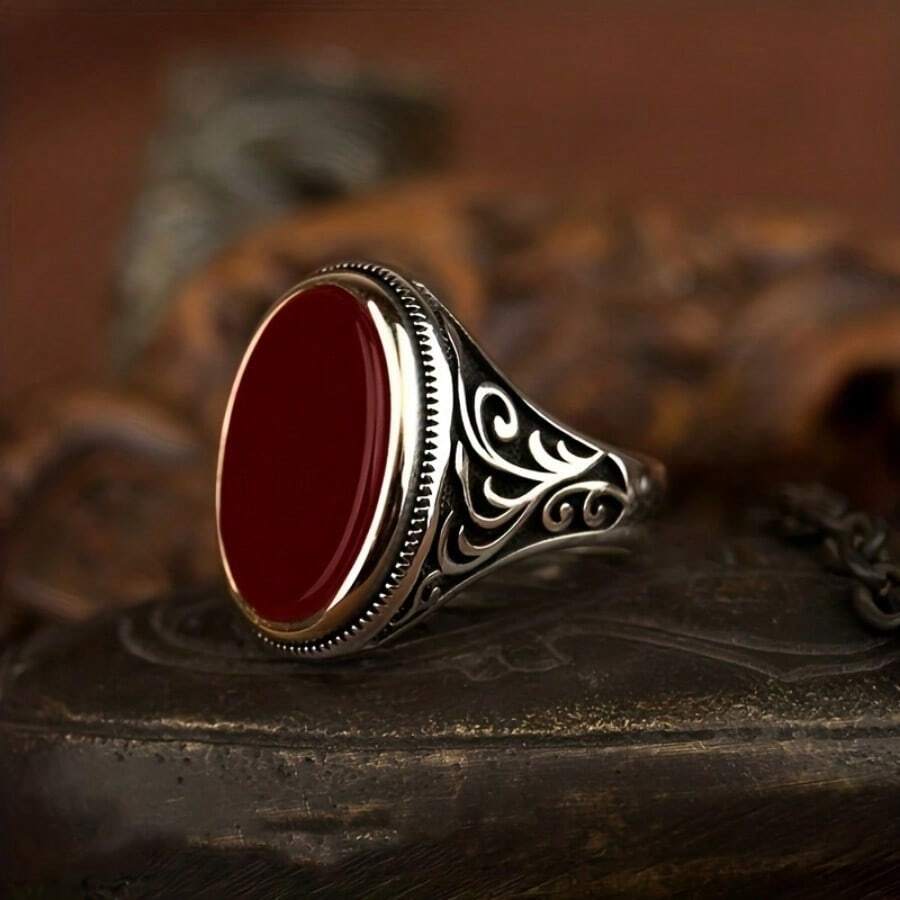 歐美復古仿瑪瑙寶石男士戒指流行配飾不尋常設計新款黑面戒指宴會商務奢華個性時尚黑水晶雕刻哥特式男士戒指 - 紅色 - 查看 1