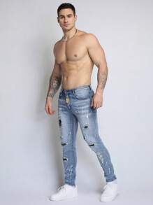 Logeqi® Hombres Jeans azules desgastados duraderos para hombre con parche de diamante - Azul - Ver 8