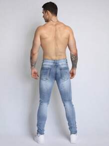 Logeqi® Hombres Jeans azules desgastados duraderos para hombre con parche de diamante - Azul - Ver 9