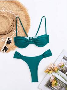 Solid Colour Women's Ruched Bikini Swimsuit - Dark Green - View 3