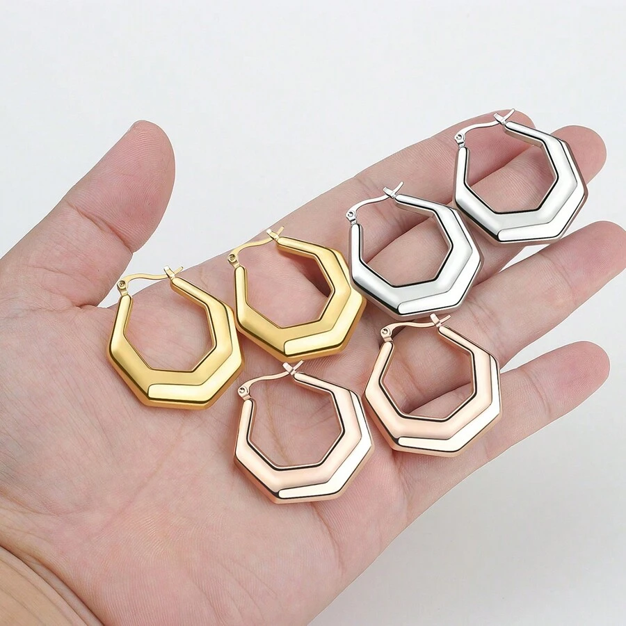 女式厚金圈形耳環,14k 金粗圈耳環時尚幾何方形耳環黃金首飾禮品 - 3對 女式厚金圈形耳環 - 查看 1