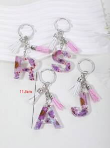 1pc Women's Keychain With Dried Daisy, Crystal Beads, Resin & Beaded Tassel Letter Pendant - Purple - View 5