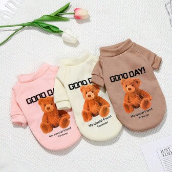 "1pc Apricot Cute Bear & ""good Day"" Pet Sweatshirt For Dogs And Cats"
