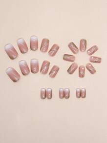 Add To Your Elegance 24pcs/Set Medium Long Square Shape Glittering Gradient Colored Full Coverage False Nails With Romantic Hearts Pattern, Suitable For Students And Office Work Ers In Daily Wear Press On Nails Nail Supplies - Multicolor - View 2