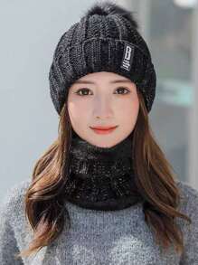 2pcs/set Women's Winter Knit Hat And Scarf Set With Thickened Lining, Warm And Stylish - Black - View 2
