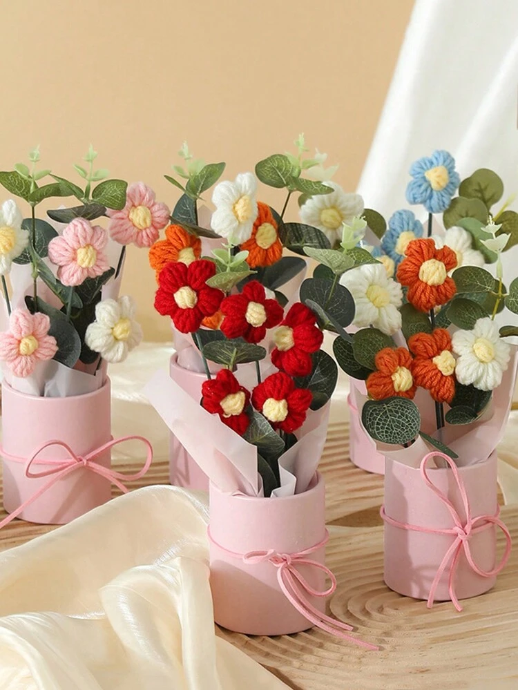 Bouquet di fiori all'uncinetto, bouquet di fiori per laurea Fiori lavorati a maglia Bouquet di rose artificiali fatte a mano, margherite, festa della mamma, anniversario, compleanno, regalo di