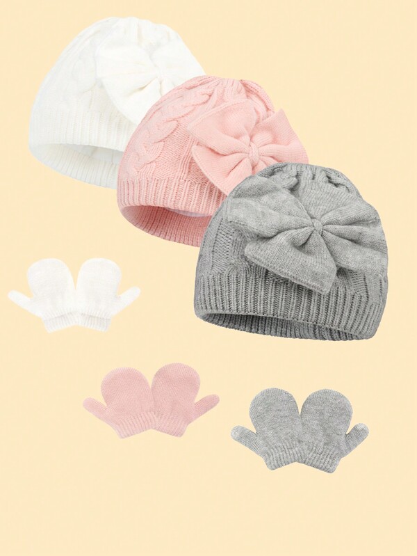1pc Baby Bowknot & Twist Pattern Hat With Gloves Set