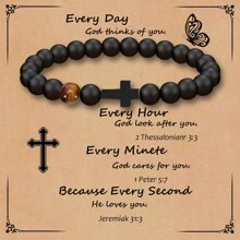 1-2入組男士基督教禮物男士十字手鍊送給爸爸兒子孫子丈夫教父叔叔侄子兄弟禮物勵志虎眼珠彈性治療手鍊生日畢業聖誕節週年紀念友誼禮物 - 黑色 - 查看 17