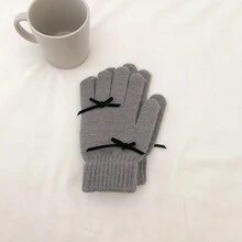 1 双女士丝带装饰纯色弹力保暖针织全指手套，适合校园/滑雪/晨练等。 - 灰色 - 查看 2