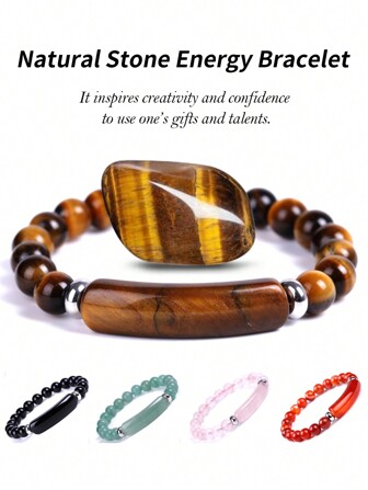 1pc Natural Stone Beaded Handmade Yoga Energy Healing Bracelet With Yellow Tiger Eye, Amethyst, Agate, Faux Pearl, Chakra Crystal, And Heart Shaped Charm Pendant, Handmade Jewelry