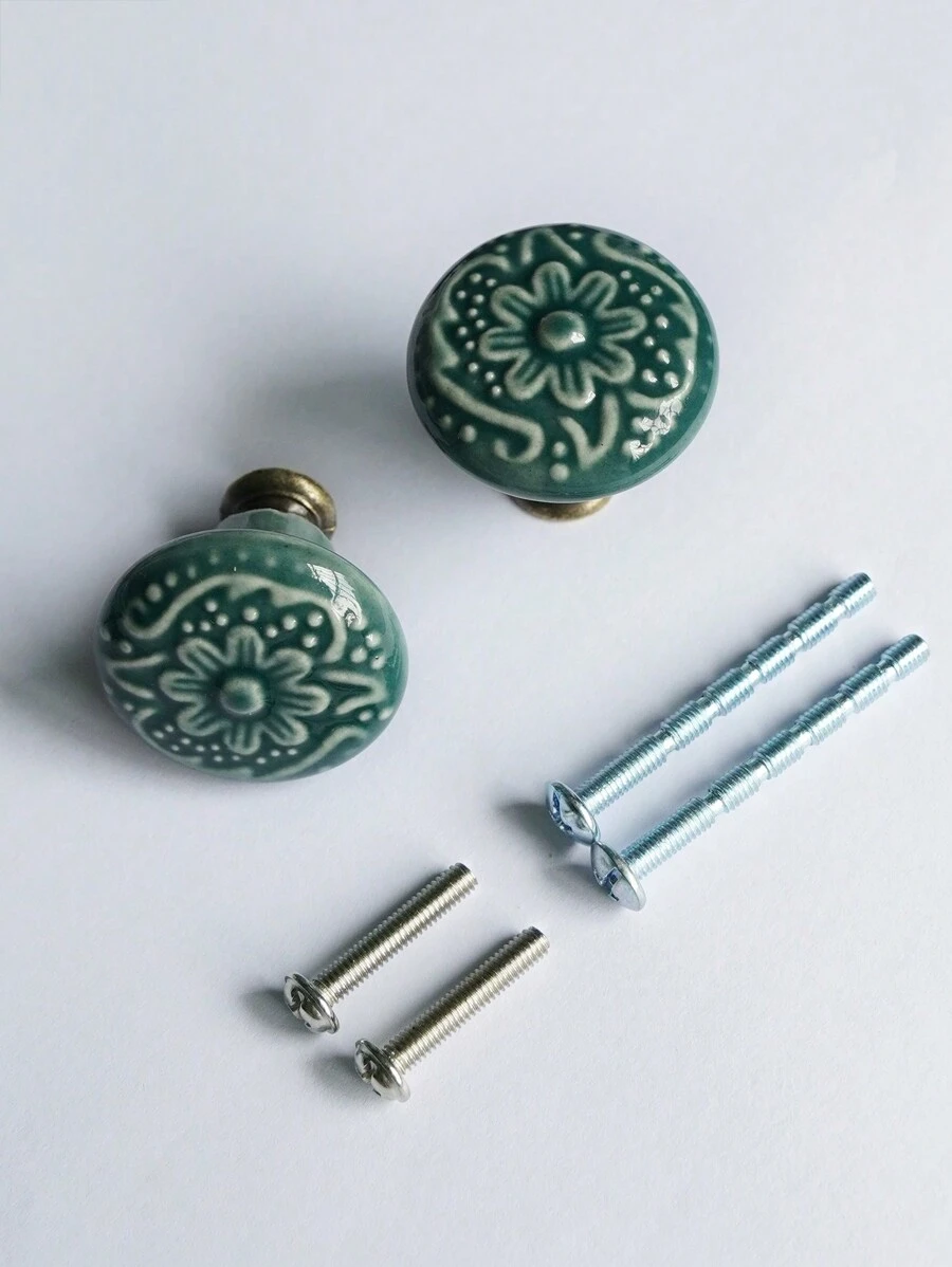 2pcs Floral Pattern Drawer Knob, Zinc Alloy Cabinet Door Handle For Home - Cadet Blue - View 1