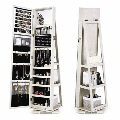 Rotating Jewelry Cabinet, Jewelry Shelf With Full-Length Mirror & Built-In Mirror, Mirror Cabinet With Shelves On The Back, Lockable, Storage Space For Jewelry & Cosmetics