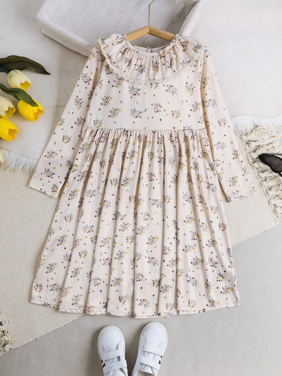 Young Girls Floral Knitted Long Sleeve Children's Ruffle Collar Comfortable Casual Girls Dress