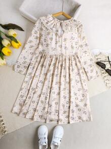 Young Girls Floral Knitted Long Sleeve Children's Ruffle Collar Comfortable Casual Girls Dress
