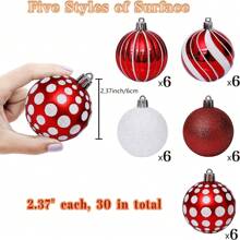 30pcs Red Christmas Ball Decorations For Christmas Tree, 6cm/2.37'' Shatterproof & Glittering Plastic Hanging Balls For Xmas Wedding Party Decorations,Christmas - Red and White - View 2