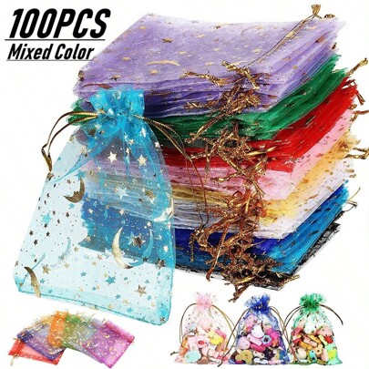 100pcs,Star And Moon Printed OrganzaGift Bags - Perfect For Jewelry, Candy,And Party Favors - Mixed Colors ForWeddings,