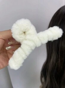 1pc Simple White Plush Hair Claw Clip For Ladies, Suitable For Daily Use - White - View 6