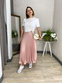 Saia Plissada Midi Elegânce Primavera Verão