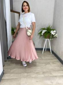 Saia Plissada Midi Elegânce Primavera Verão