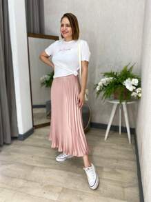 Saia Plissada Midi Elegânce Primavera Verão