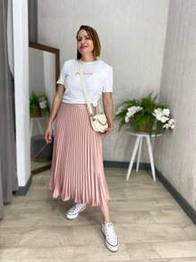 Saia Plissada Midi Elegânce Primavera Verão