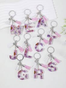 1pc Women's Keychain With Dried Daisy, Crystal Beads, Resin & Beaded Tassel Letter Pendant - Purple - View 1