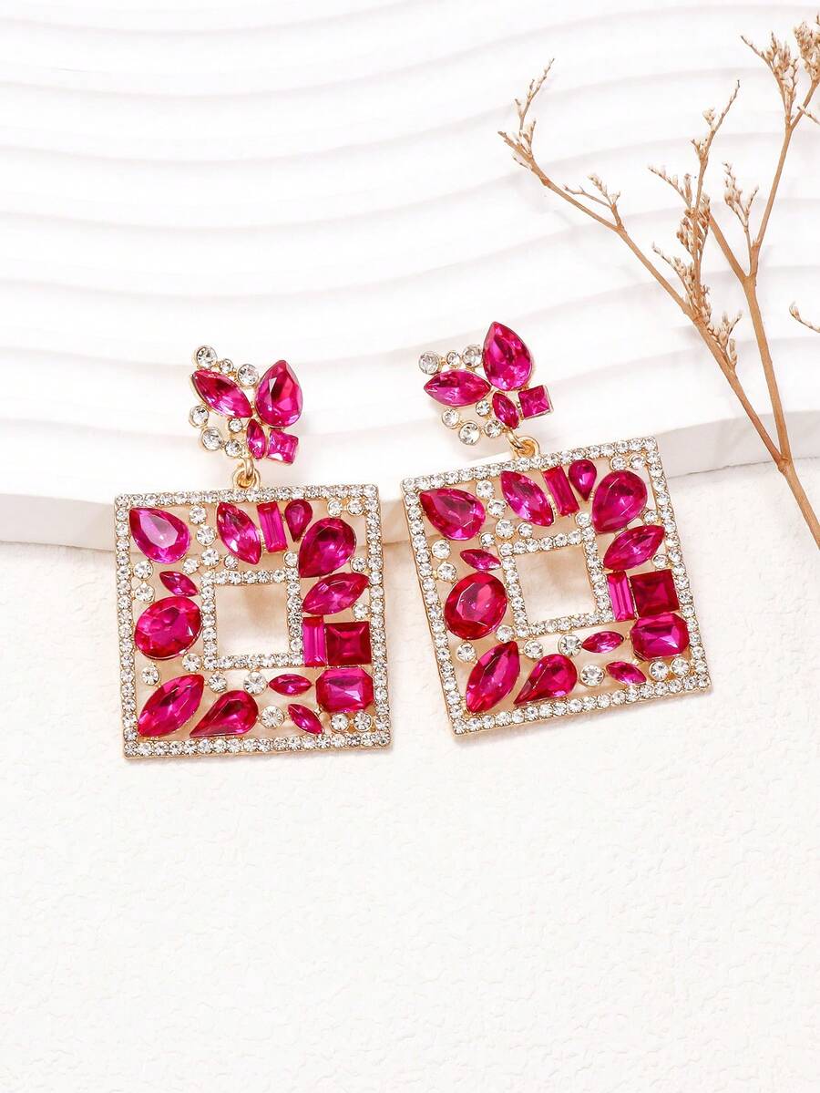 juran 1 Pair Geometric Crystal Earrings, Suitable For Daily, Vacation, Party Wear - Hot Pink - View 1