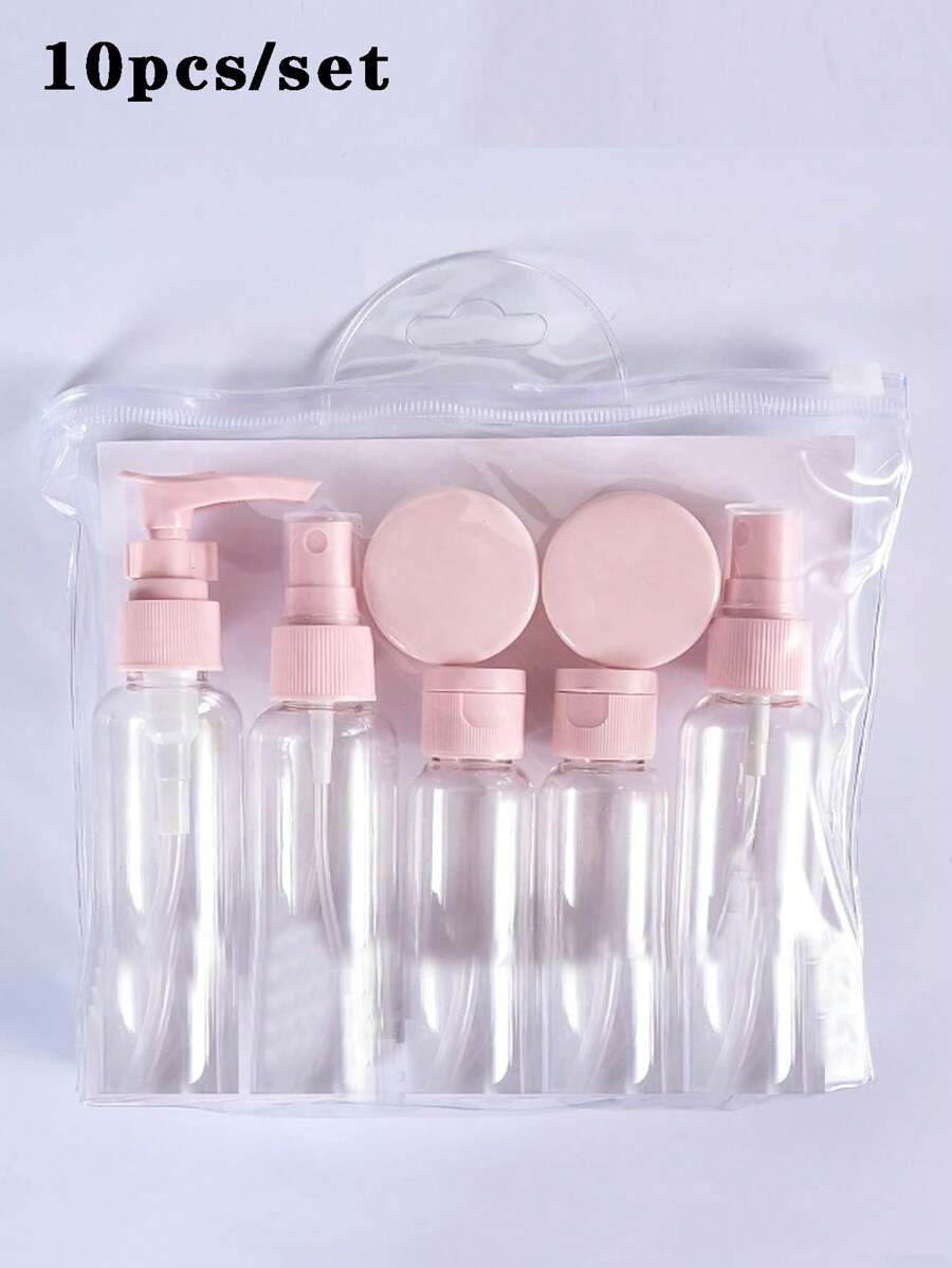 10件套粉色pp材質旅行瓶套裝,可加注內容物,攜帶方便,防漏裝置,可裝基礎化妝品、沐浴乳、洗髮精、護髮素、乳液、便攜式浴用沐浴用品,是私人旅行、野外露宿、商務出差等旅行必備的旅行用品