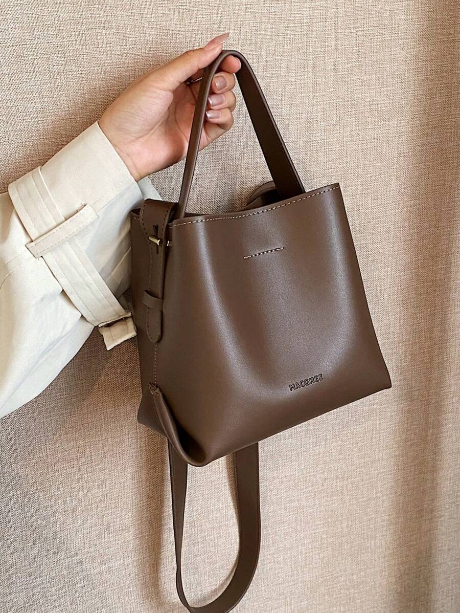 Bolsa feminina moderna cor café, bolsa balde minimalista de PU, bolsa tote casual vintage e bolsa de ombro, adequada para compras, uso diário, bolsa feminina casual para negócios, perfeita para escritório, negócios e trabalho - Castanho Café - Ver 1