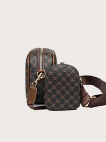 2 chiếc Túi đựng máy ảnh họa tiết đồ họa có dây đeo và ví đựng tiền xu - màu nâu - Xem 5