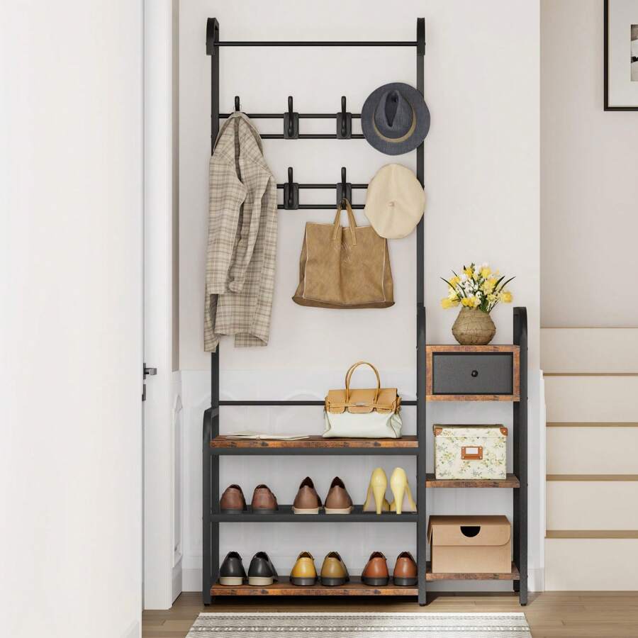 Coat Rack for Entryway, Hall Tree with Storage Drawer and Shoe Rack, Coat Shelf with Shoe Bench