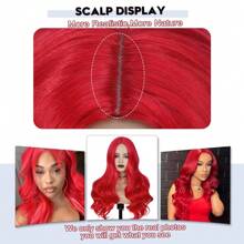 Long Red Wavy Wigs for Women Curly Middle Part Red Wig Natural Looking Synthetic Heat Resistant Fiber Wigs Hair for Daily Party Use (Bright Red) - Red - View 4