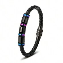 1 件情人節不銹鋼 & Pu 皮繩和編織手工手鍊男士,簡約優雅 Pu 皮腕帶,節日禮物