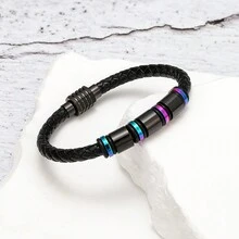 1 件情人節不銹鋼 & Pu 皮繩和編織手工手鍊男士,簡約優雅 Pu 皮腕帶,節日禮物