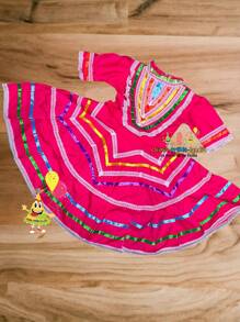 Niñas Vestido Tipico Jalisco Fiestas Patrias 16 de Septiembre México manga 3/4 medio vuelo - Rosa Fucsia - Ver 2