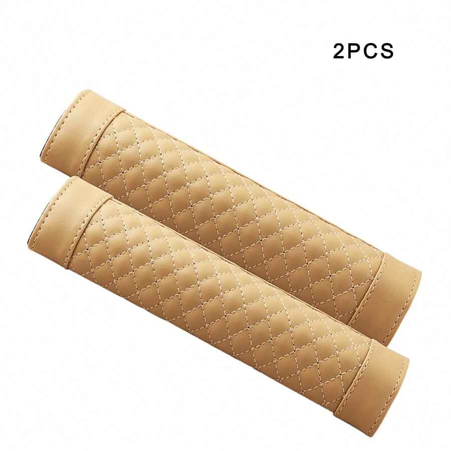 2pcs Leather Grain Pattern Car Seat Belt Cover, Universal Fits Car Decor And Protection Accessory - Beige - View 1