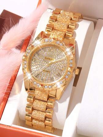 1款时尚奢华闪耀镶钻圆形女士石英钢表带腕表，适合派对、庆典、婚礼、返校季及日常佩戴，是送给女性的最佳礼物。