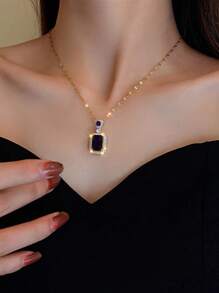 1set Full Rhinestone Square Pendant Necklace, 1pair Earrings, 1pc Ring Jewelry Set - Purple - View 5