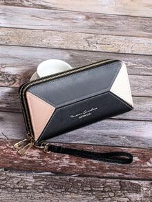 顏色拼接雙拉鍊女士手拿包,長款女式手機包 - 黑色 - 查看 3