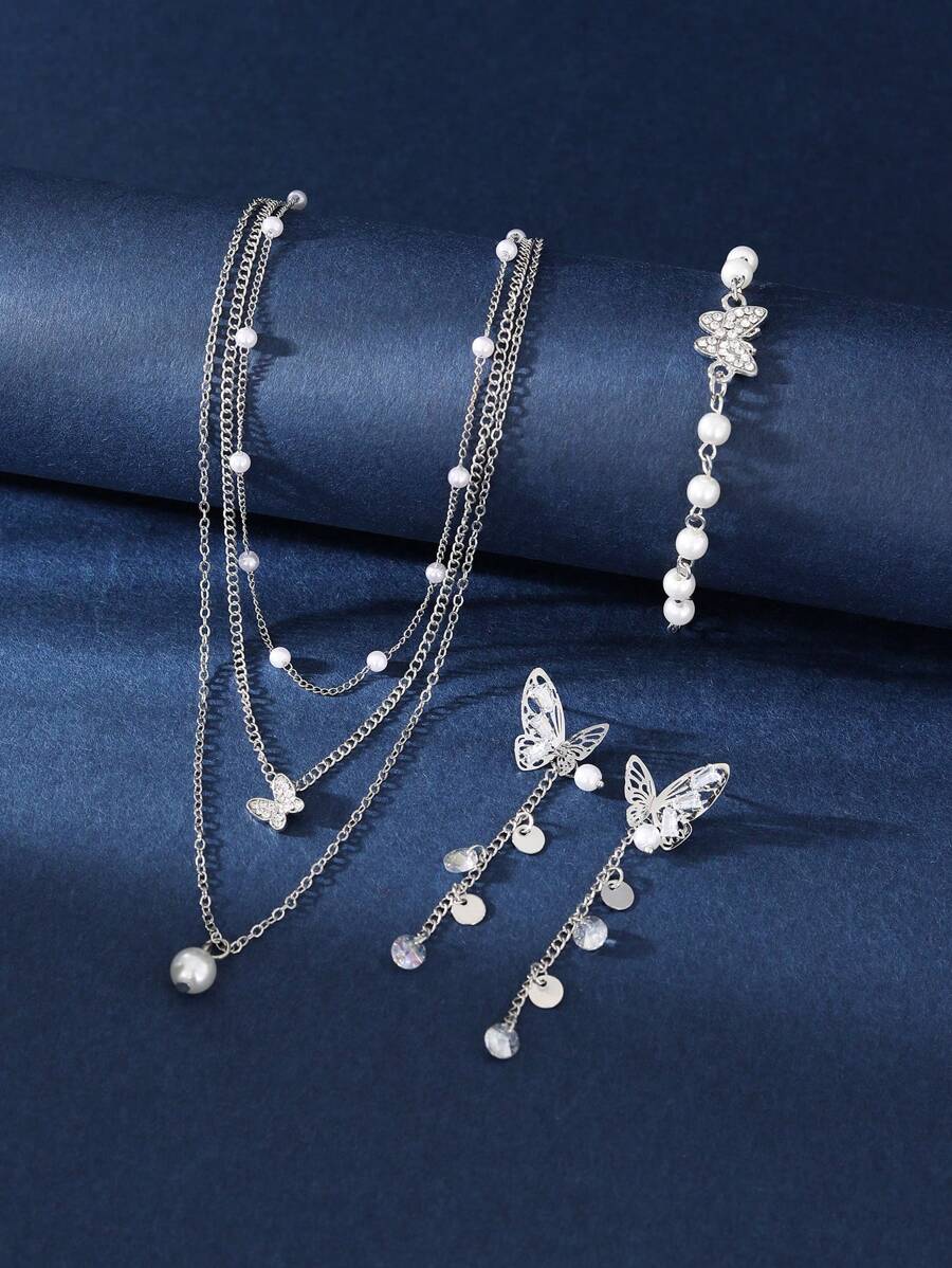 Fashionable Silver-Color Zinc Alloy Faux Pearl & Butterfly Multi-Layer Necklace, Beaded Bracelet, Earrings Set For Women, Great For Parties