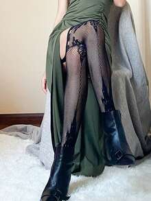 1 Pair Black Suspender Fishnet Stockings, Thin Sexy Hollow Out Pantyhose, Spring/Autumn - Black - View 5