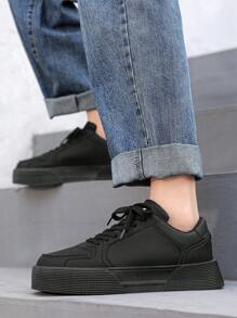 新款厚實純色運動鞋,時尚透氣白色鞋子 - 黑色 - 查看 8