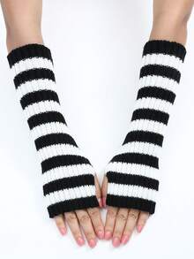 女士黑白条纹针织手套（带连指手套套）一双，秋冬季 - 黑與白 - 查看 2