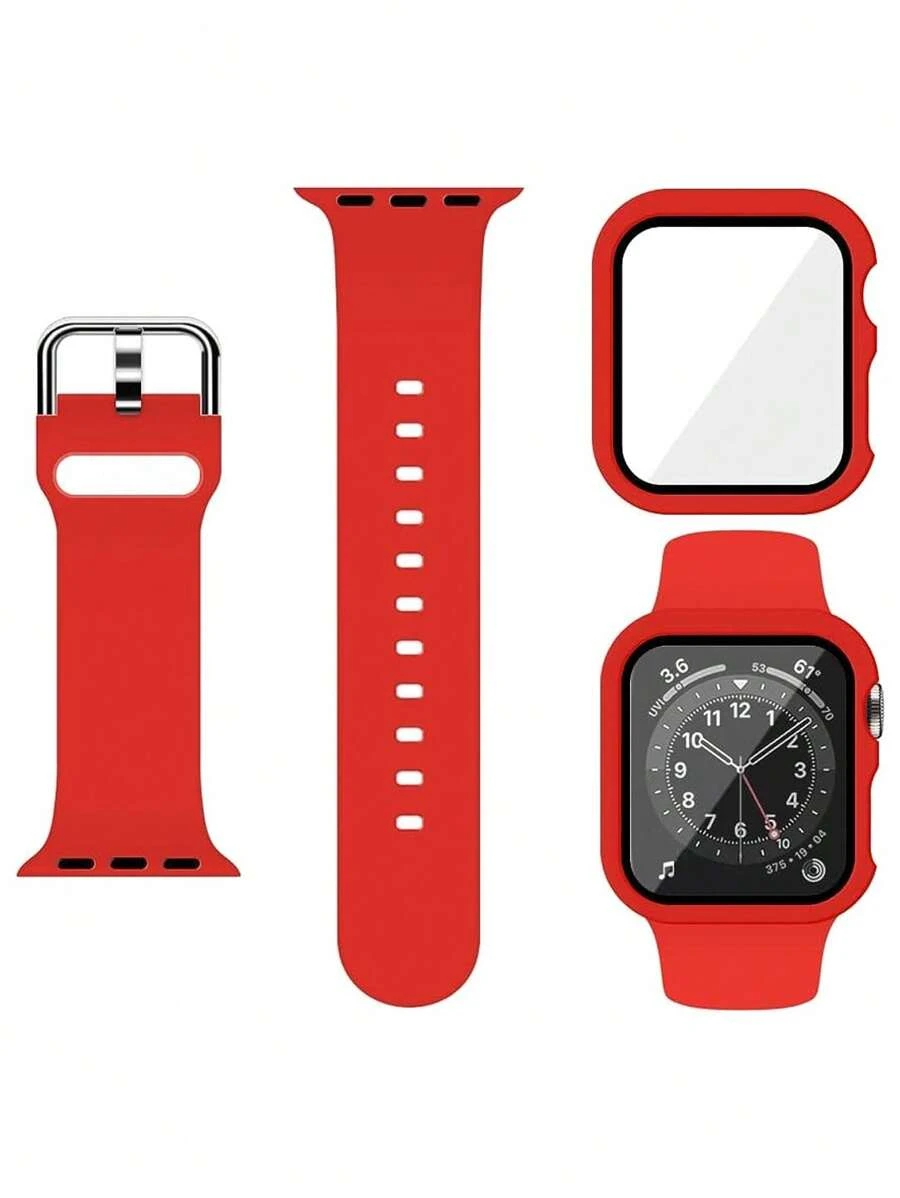 2 件/套红色男女可爱柔软硅胶运动表带和二合一屏幕保护膜超薄钢化膜表壳，适用于 表带 38/40/41/42/44/45/46/49 毫米，Series Ultra/SE/11/10/9/8/7/6/5/4/3/2/1，智能手表表壳配件
