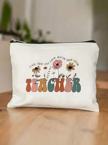 Flower & Letter Print Cosmetics Bag Travel Pouch Bag Toiletry Bag Gift For TeacherStorage BagMakeup BagMake Up Organizerfor Makeup Tools For TravelGift For Mom Gift Makeup Organizer Makeup Storage Bag Mini Pouch Travel Small Makeup Case Accessories Make Up Holder Brush Bag Make Up Container Cosmetic Bag Travel Essentials Ladies Accessories Travelling Stuff - Beige - View 4