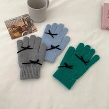 1 双女士丝带装饰纯色弹力保暖针织全指手套，适合校园/滑雪/晨练等。 - 灰色 - 查看 3