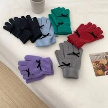 1 双女士丝带装饰纯色弹力保暖针织全指手套，适合校园/滑雪/晨练等。 - 灰色 - 查看 4