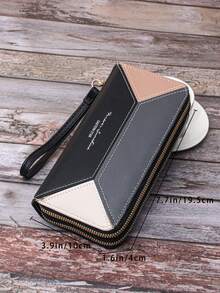 顏色拼接雙拉鍊女士手拿包,長款女式手機包 - 黑色 - 查看 4